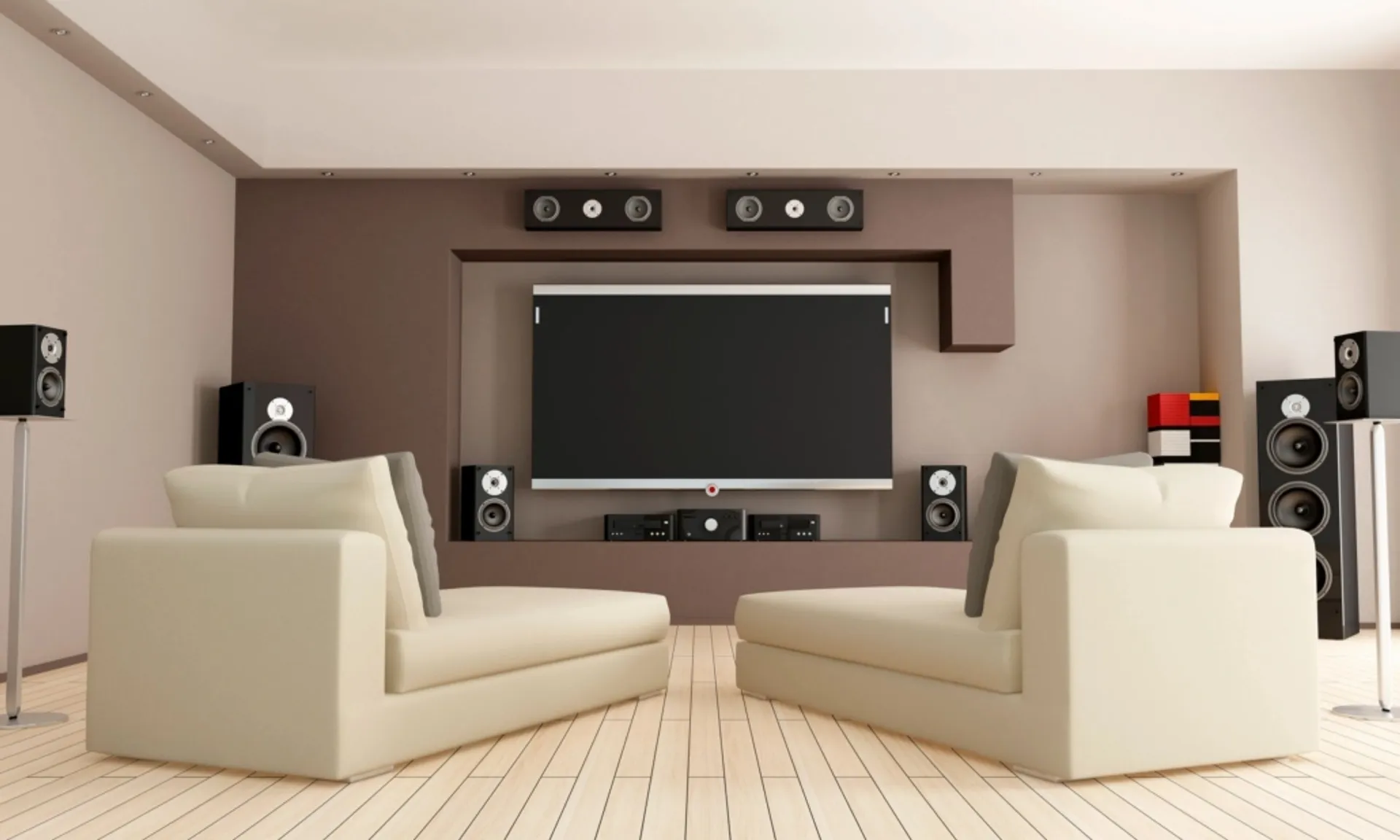 Modern home theater with large TV and surround sound